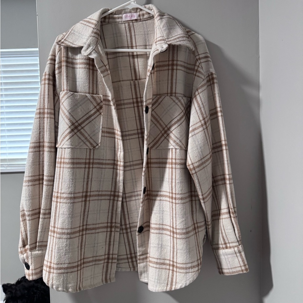 Pink Lily Cream and Brown Plaid Utility Jacket